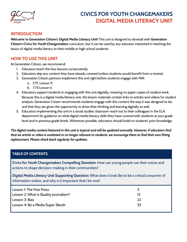 Generation Citizen Digital Media Literacy Unit